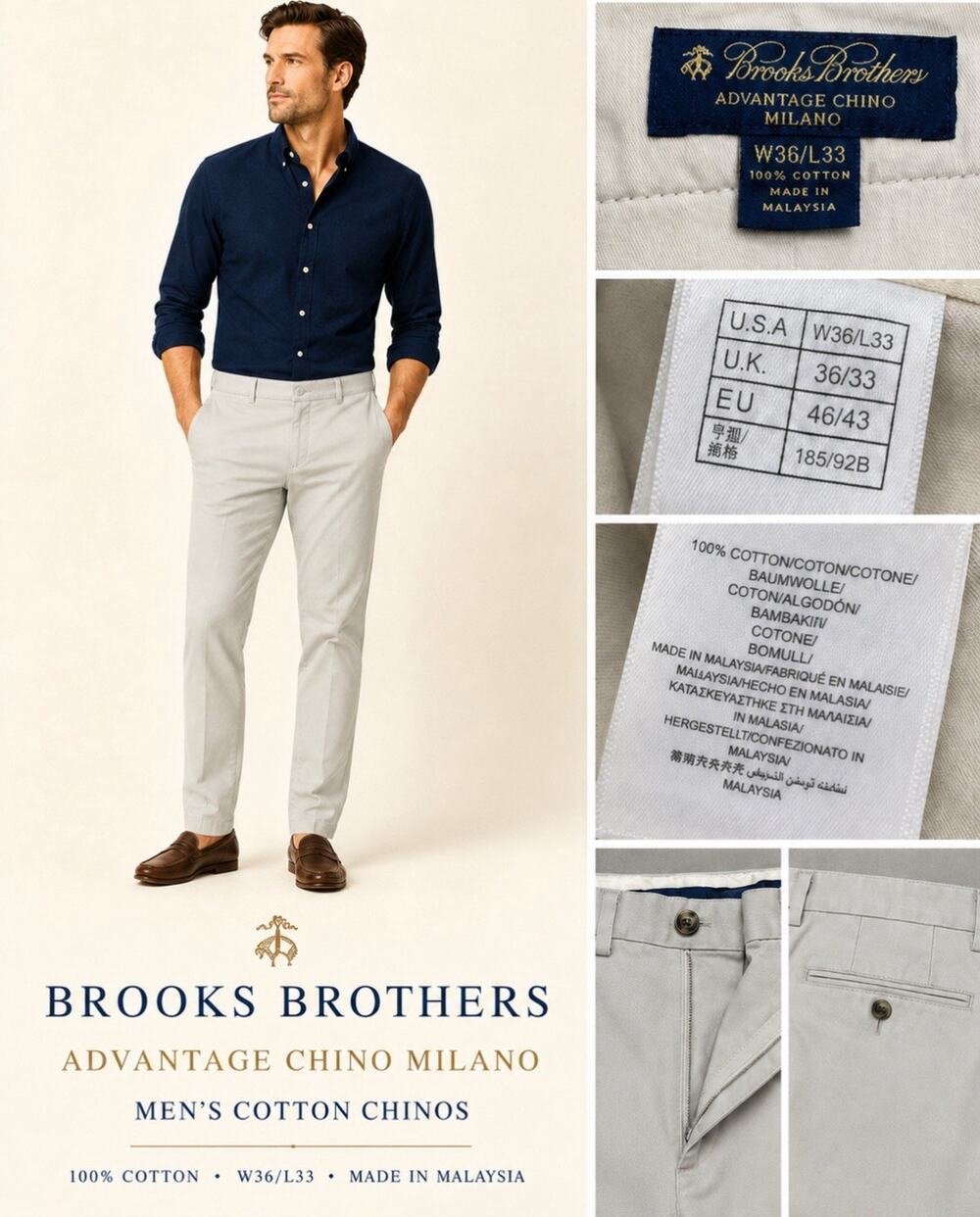 Preppy Classic Brooks Brothers Advantage Chino Milano Men's Slim Pants Sz 36